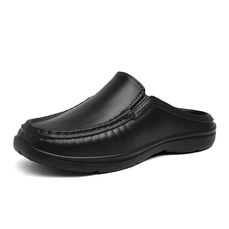 Plus Size 46 Non Slip Chef Shoes Men's Casual Leather Shoes Baotou Half Slippers Lazy Shoe Slip-on Driving Shoe Outdoor Slippers