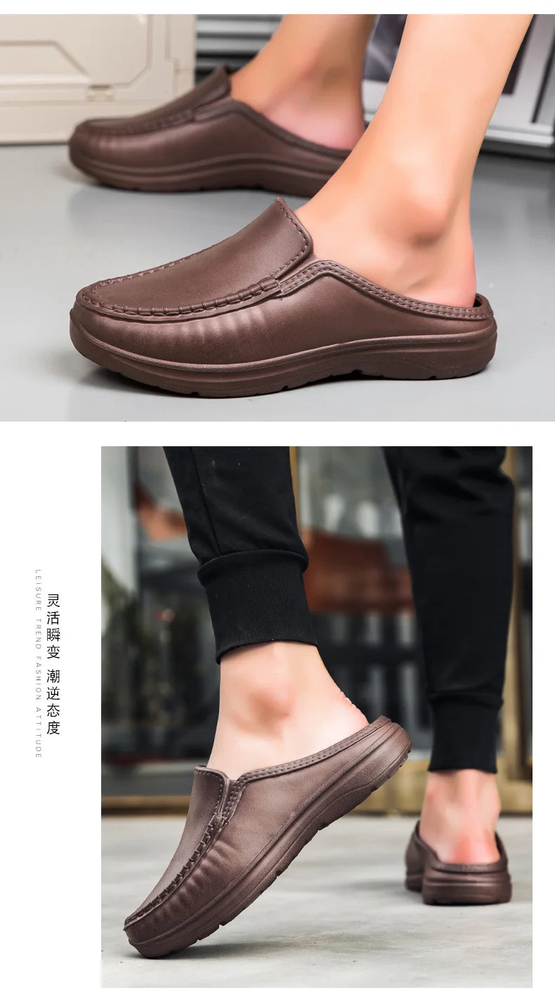 Plus Size 46 Non Slip Chef Shoes Men's Casual Leather Shoes Baotou Half Slippers Lazy Shoe Slip-on Driving Shoe Outdoor Slippers