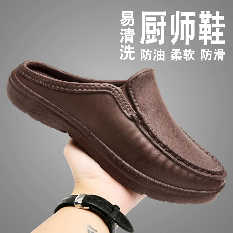 Plus Size 46 Non Slip Chef Shoes Men's Casual Leather Shoes Baotou Half Slippers Lazy Shoe Slip-on Driving Shoe Outdoor Slippers