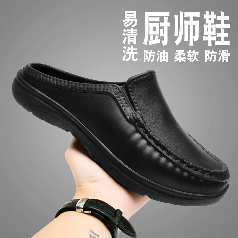 Plus Size 46 Non Slip Chef Shoes Men's Casual Leather Shoes Baotou Half Slippers Lazy Shoe Slip-on Driving Shoe Outdoor Slippers