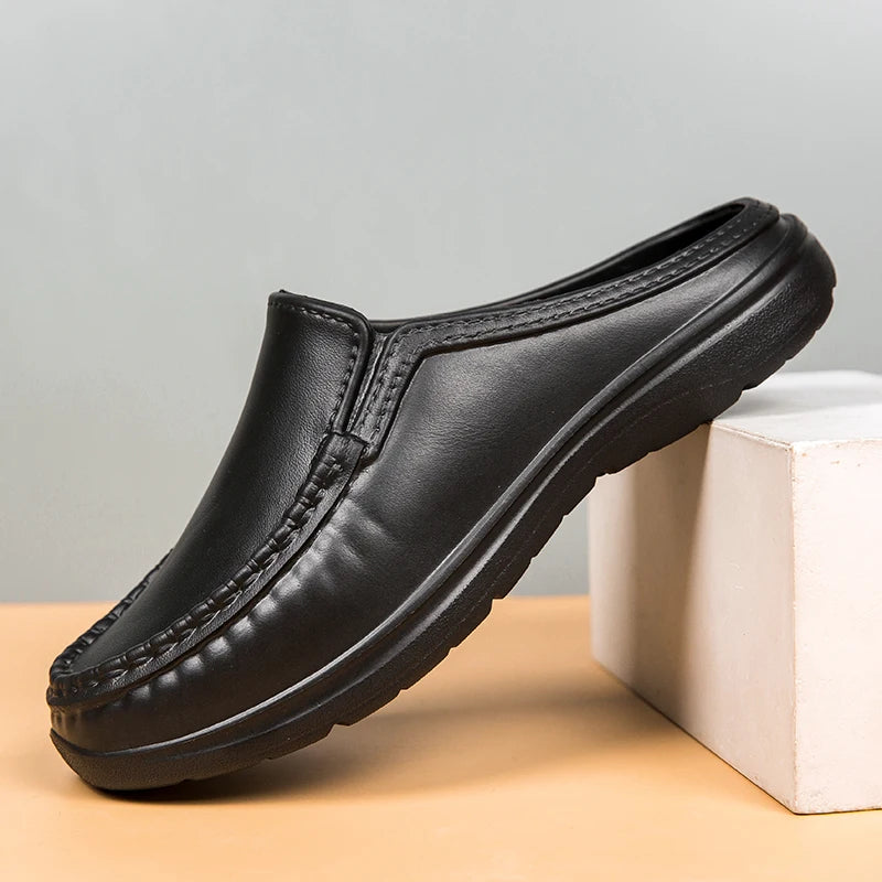 Plus Size 46 Non Slip Chef Shoes Men's Casual Leather Shoes Baotou Half Slippers Lazy Shoe Slip-on Driving Shoe Outdoor Slippers