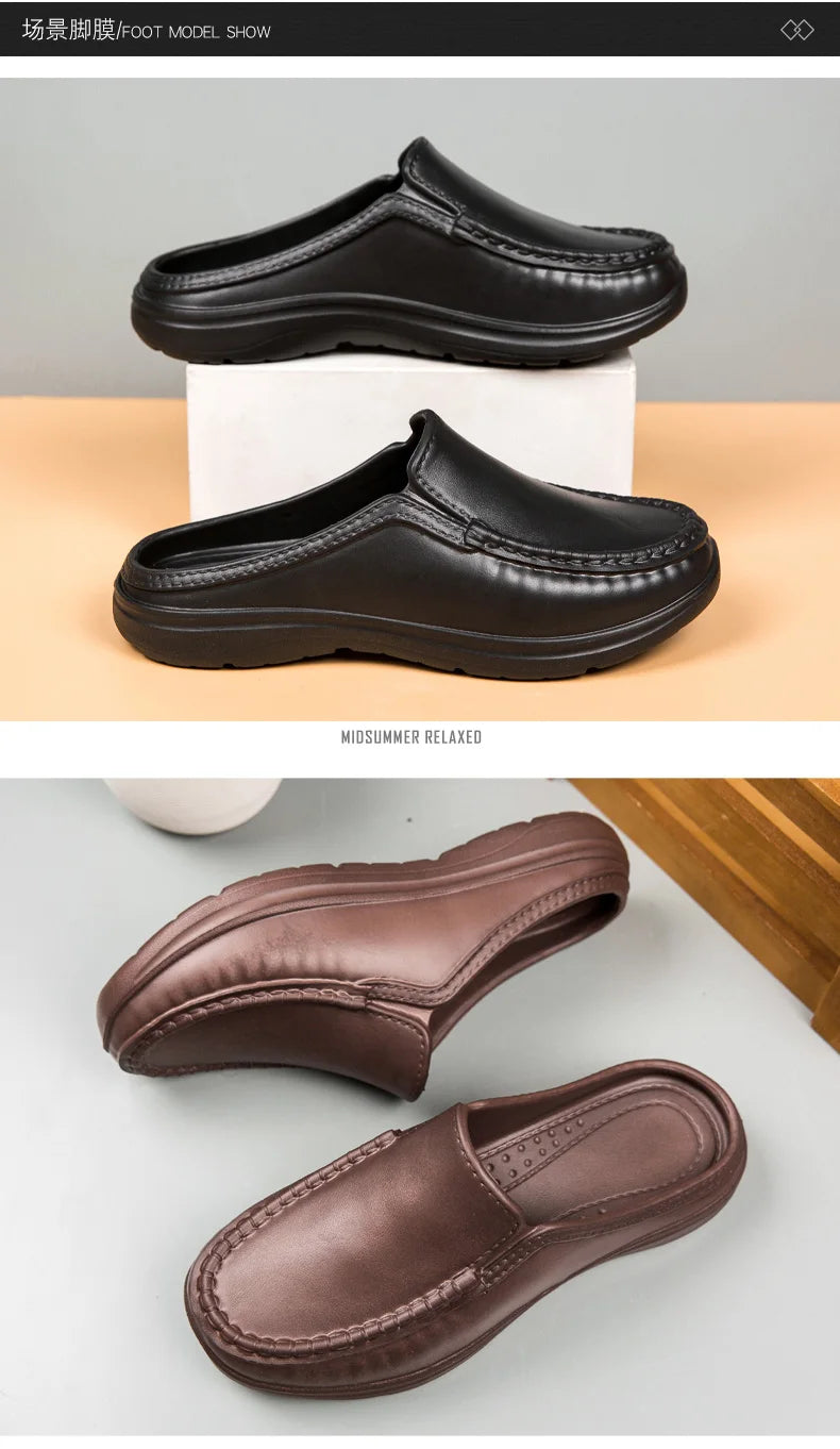Plus Size 46 Non Slip Chef Shoes Men's Casual Leather Shoes Baotou Half Slippers Lazy Shoe Slip-on Driving Shoe Outdoor Slippers