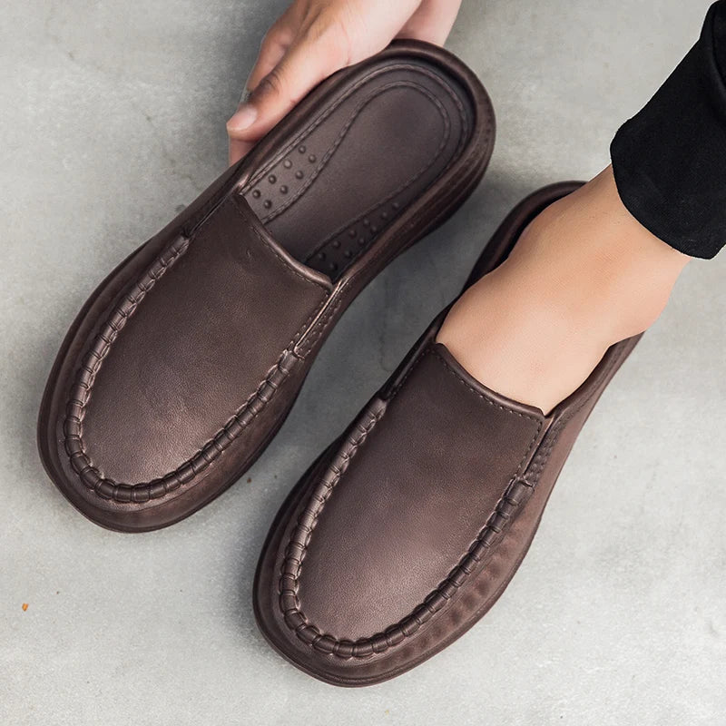 Plus Size 46 Non Slip Chef Shoes Men's Casual Leather Shoes Baotou Half Slippers Lazy Shoe Slip-on Driving Shoe Outdoor Slippers