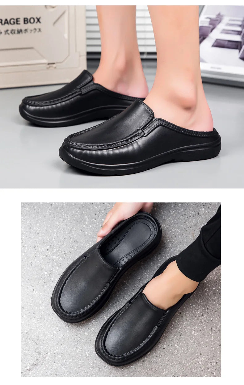 Plus Size 46 Non Slip Chef Shoes Men's Casual Leather Shoes Baotou Half Slippers Lazy Shoe Slip-on Driving Shoe Outdoor Slippers