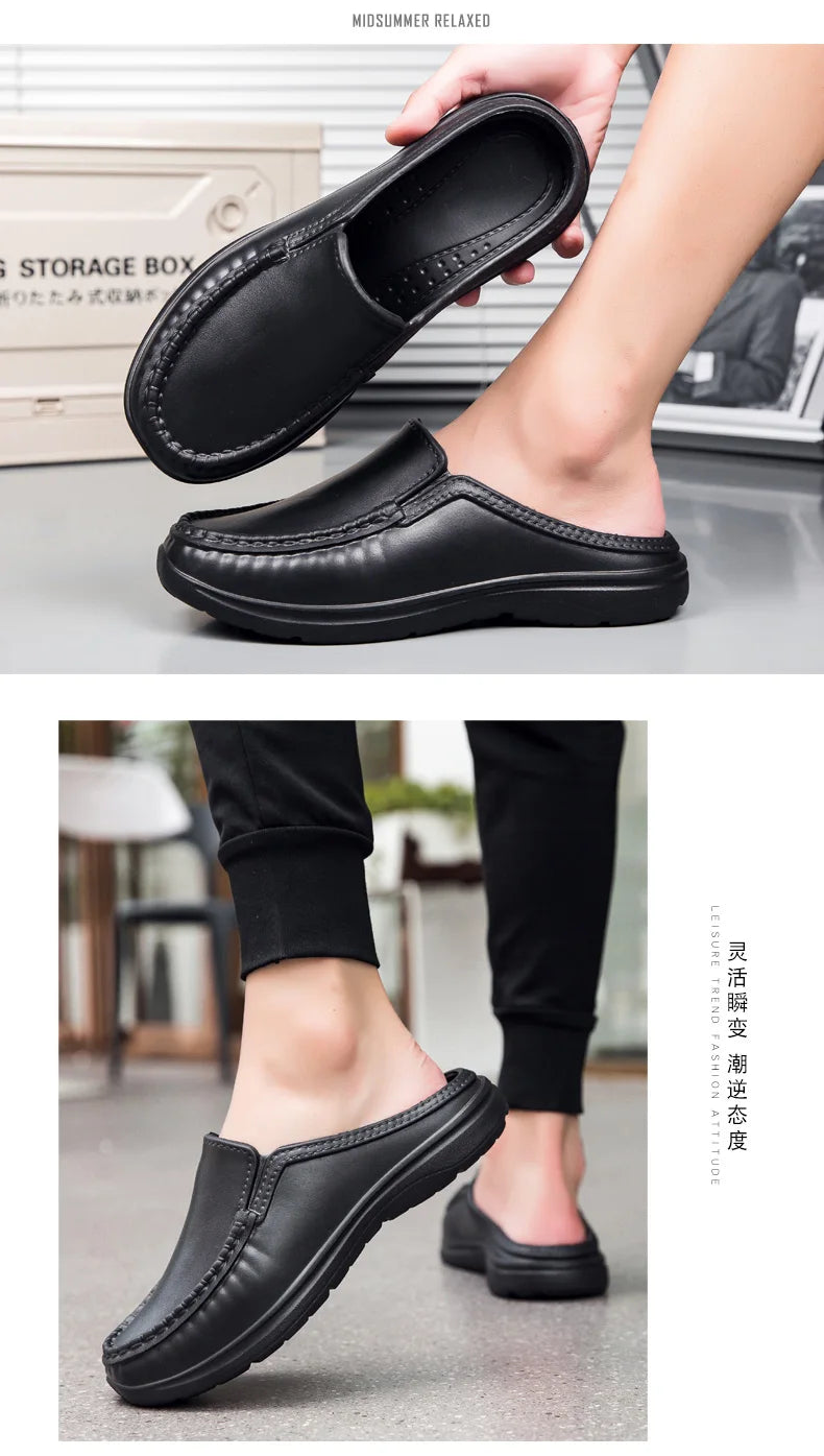 Plus Size 46 Non Slip Chef Shoes Men's Casual Leather Shoes Baotou Half Slippers Lazy Shoe Slip-on Driving Shoe Outdoor Slippers