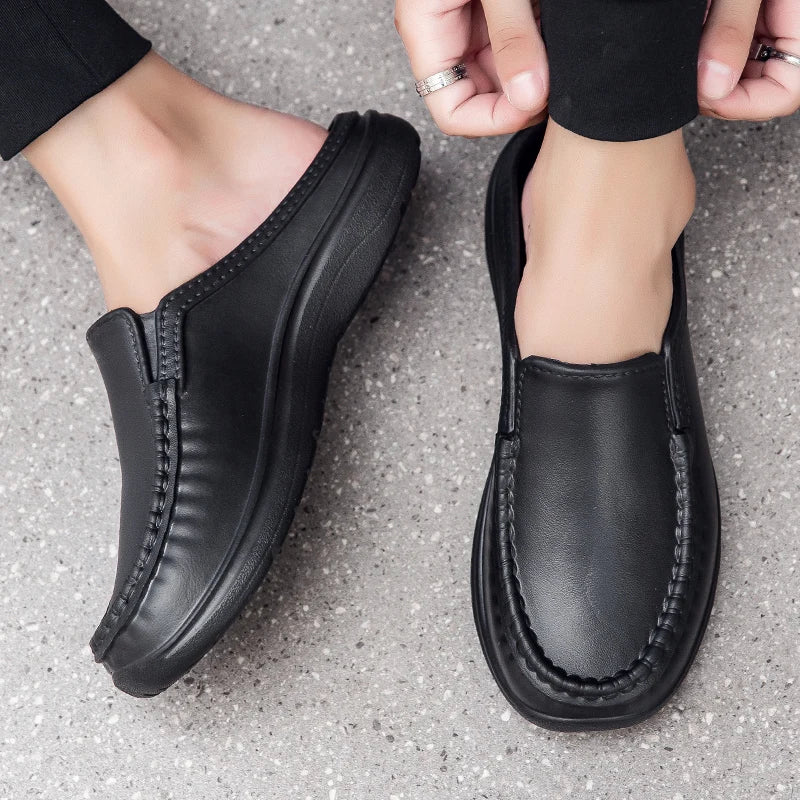 Plus Size 46 Non Slip Chef Shoes Men's Casual Leather Shoes Baotou Half Slippers Lazy Shoe Slip-on Driving Shoe Outdoor Slippers