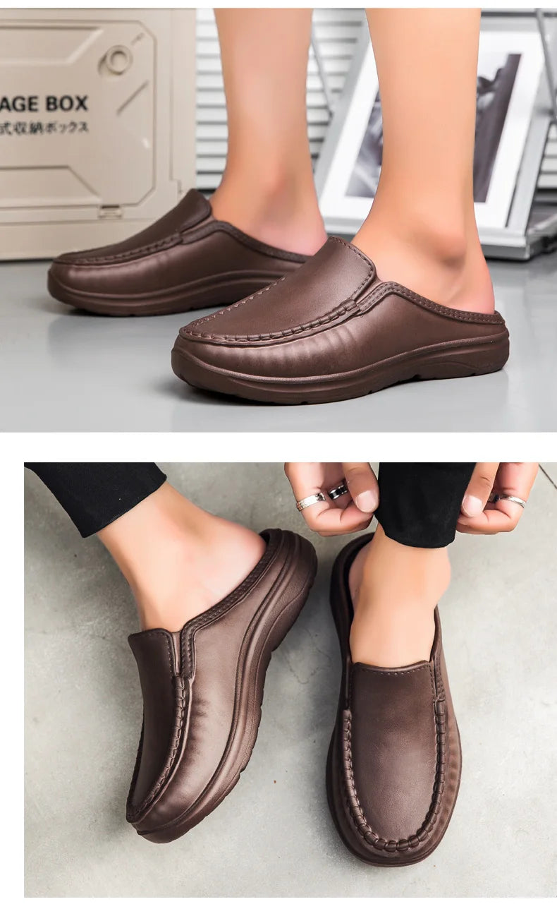 Plus Size 46 Non Slip Chef Shoes Men's Casual Leather Shoes Baotou Half Slippers Lazy Shoe Slip-on Driving Shoe Outdoor Slippers