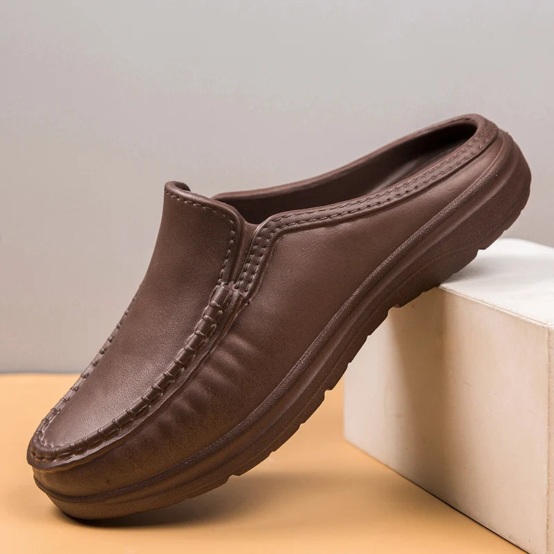 Plus Size 46 Non Slip Chef Shoes Men's Casual Leather Shoes Baotou Half Slippers Lazy Shoe Slip-on Driving Shoe Outdoor Slippers