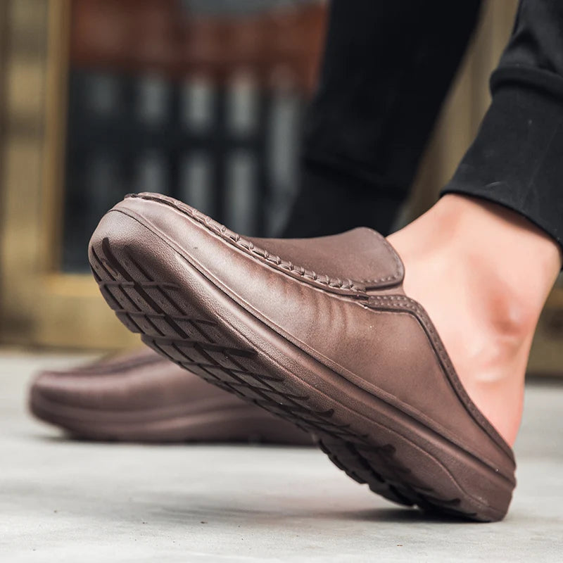 Plus Size 46 Non Slip Chef Shoes Men's Casual Leather Shoes Baotou Half Slippers Lazy Shoe Slip-on Driving Shoe Outdoor Slippers