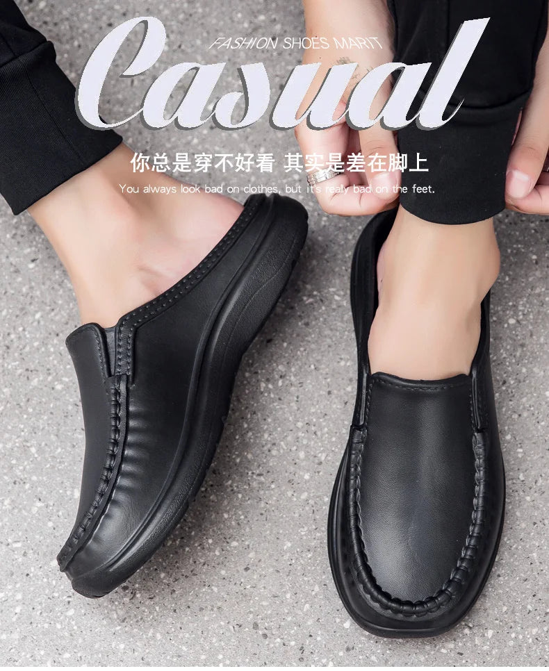 Plus Size 46 Non Slip Chef Shoes Men's Casual Leather Shoes Baotou Half Slippers Lazy Shoe Slip-on Driving Shoe Outdoor Slippers